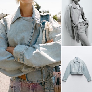 Zara Jackets 23 ฤดูร้อน ใหม่ สไตล์ Hem เข็มขัดสายรัดตกแต่งรถจักรยานยนต์ สไตล์ปกเสื้อแจ็คเก็ตยีนส์8197280