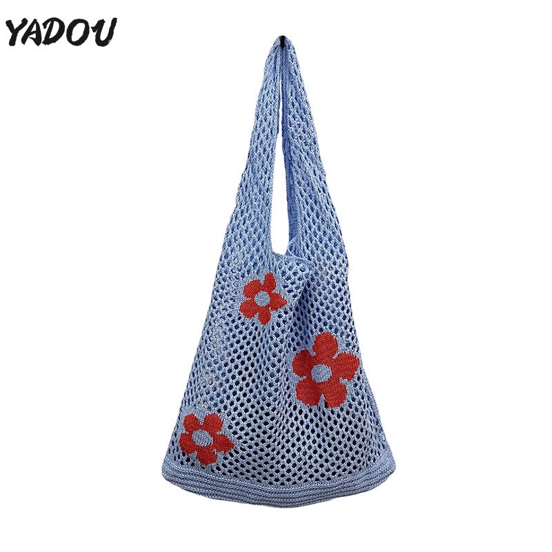 yadou-กระเป๋าโท้ทสะพายไหล่ข้างเดียวสไตล์เกาหลีผู้หญิงถักดอกไม้ตาข่ายกลวงเทรนด์แฟชั่น