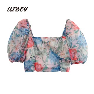 Uibey เสื้อเชิ้ตแขนพัฟ คอสี่เหลี่ยม พิมพ์ลาย แฟชั่น 4544