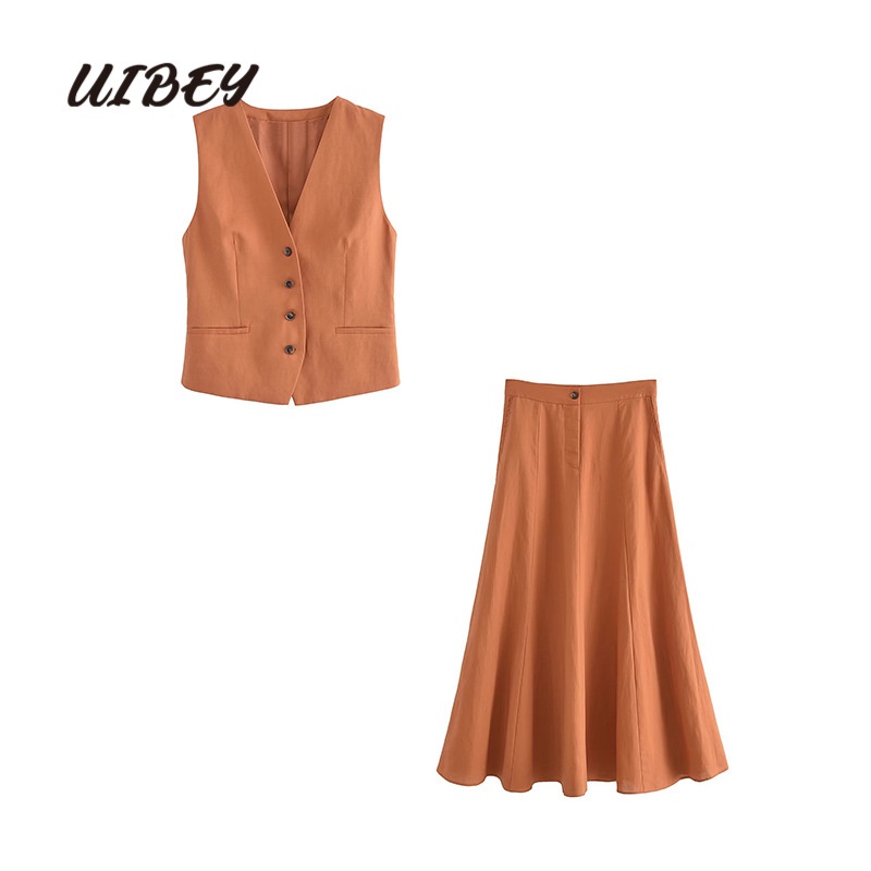 uibey-เสื้อแขนกุด-คอวี-แฟชั่น-กระโปรงยาวครึ่งหนึ่ง-2635