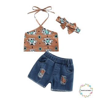 Babyclothes- ชุดเสื้อแขนกุด ผ้ายีน กางเกงขาสั้น พิมพ์ลายเรขาคณิต แต่งขาด แฟชั่นฤดูร้อน สําหรับเด็กผู้หญิง 3 ชิ้น