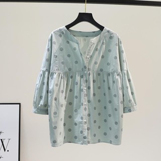 [lucky เสื้อผ้าผู้หญิง] เสื้อเชิ้ตคอกลม แขนสามส่วน ผ้าฝ้าย 100% ลายจุด ทรงหลวม สไตล์เกาหลี แฟชั่นฤดูร้อน สําหรับผู้หญิง 2023