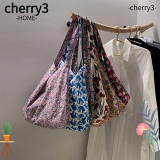 Cherry3 กระเป๋าสะพายไหล่ กระเป๋าช้อปปิ้ง ผ้าฝ้าย ผ้าแคนวาส ลายดอกไม้ จุของได้เยอะ แฟชั่นสําหรับสตรี