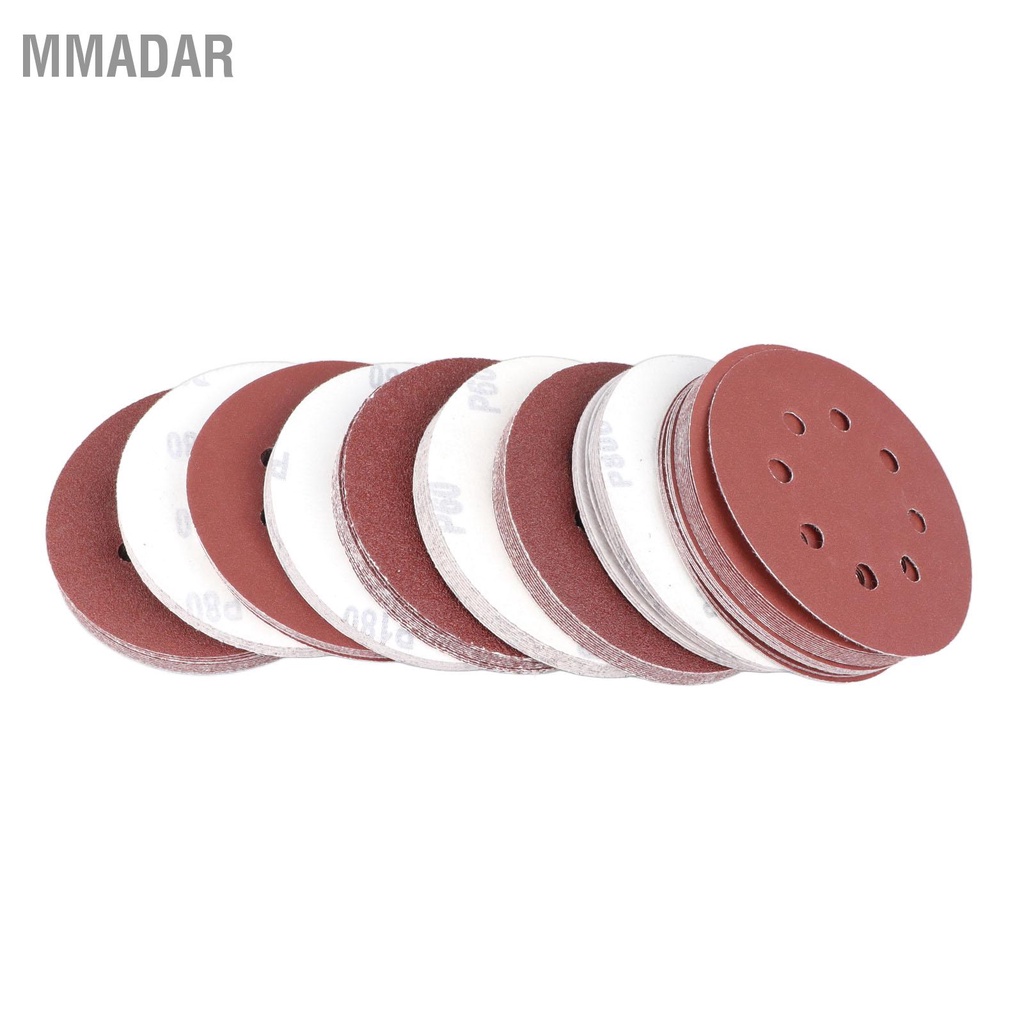 mmadar-กระดาษทรายแผ่น-100-ชิ้น-5-นิ้วหลากหลาย-8-หลุม-flocking-เครื่องมือขัด-10-ชนิดกรวด-125-มม