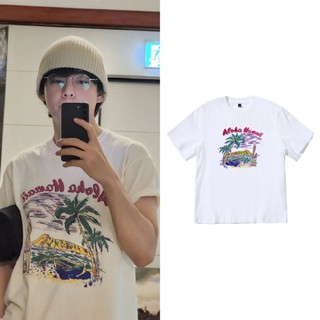 [S-5XL] KPOP BTS V Tae Hyung ins เดียวกันผ้าฝ้ายเสื้อยืดสไตล์เกาหลีหลวมนักเรียนรอบคอพิมพ์เสื้อแขนสั้นฤดูร้อนผู้ชายและผู้