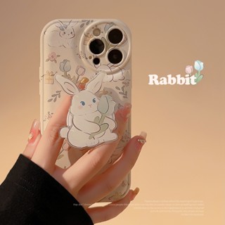 เคสโทรศัพท์มือถือ ซิลิโคน กันกระแทก ลายดอกไม้ กระต่าย พร้อมที่ตั้งวาง สไตล์เกาหลี สร้างสรรค์ สําหรับ iPhone 15 14 12 11 X 8 14pro max