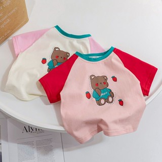 พร้อมส่ง ขายดี เสื้อยืดแขนสั้น ผ้าฝ้ายแท้ ลายการ์ตูน สีตัดกัน สไตล์เกาหลี ญี่ปุ่น สําหรับเด็ก