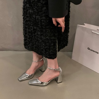 Mary Jane Baotou รองเท้าส้นสูง ส้นหนา หัวเหลี่ยม สีเงิน สไตล์ฝรั่งเศส แฟชั่นฤดูใบไม้ผลิ ฤดูร้อน สําหรับผู้หญิง 2023
