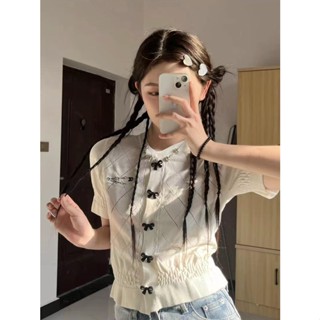 Xiao เสื้อยืดคาร์ดิแกน แขนสั้น ผ้าถัก ประดับโบว์ สีขาว สไตล์เกาหลี สําหรับผู้หญิง 6WDV
