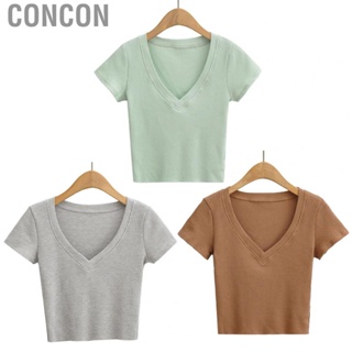 Concon Women V Neck Short Sleeve Top  Tight Non Shrink Waffle Breathable Show Waist Curves for Daily Life