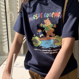 ✨พร้อมส่ง✨เสื้อยืดแขนสั้นสไตล์เกาหลี oversize เสื้อยืดขนาดใหญ่ ลายการ์ตูนหมี ทรงหลวม 2420/2418