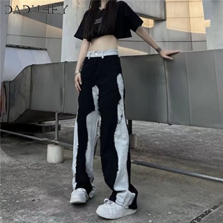 DaDuHey🎈 New American Style Ins Retro Stitching Jeans Niche High Waist Loose Wide Leg Plus Size Pants