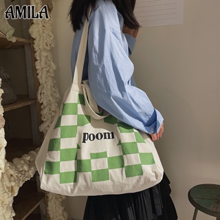 AMILA กระเป๋าโท้ทผ้าแคนวาสลายสก็อตญี่ปุ่นและเกาหลี เรียบง่ายและหลากหลาย ซอกแฟชั่น กระเป๋าสะพาย ความจุสูง นักเรียนกำลังเดินทางไปเรียน