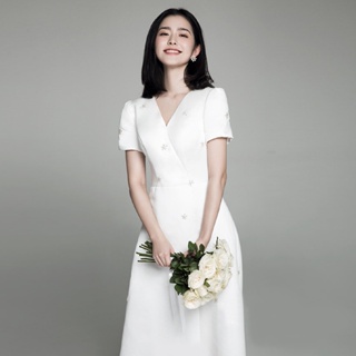 ชุดเดรสเจ้าสาว ผ้าซาติน เรียบง่าย สไตล์เกาหลี แฟชั่นฤดูใบไม้ผลิ 2023