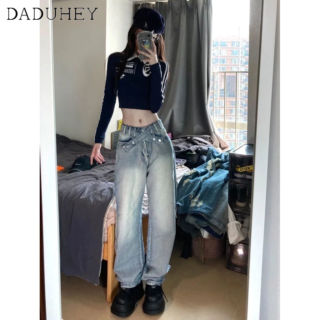 daduhey-korean-style-retro-womens-jeans-straight-loose-new-high-waist-slim-wide-leg-waist-cross-design-casual-mop-pants