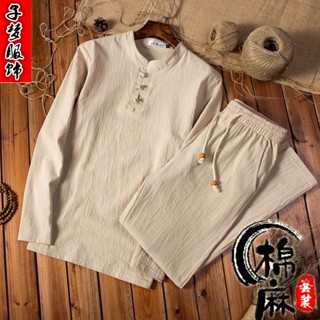 ชุดกีฬา เสื้อยืด ผ้าฝ้าย และผ้าลินิน ทรงหลวม ขนาดใหญ่ สไตล์จีนเรโทร เหมาะกับฤดูร้อน สองชิ้น