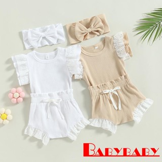 Babybaby- ชุดรอมเปอร์ คอกลม แขนบิน + กางเกงขาสั้น แบบผูกเชือก + ที่คาดผม สําหรับเด็กผู้หญิง