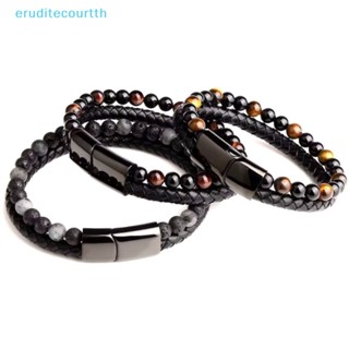 [eruditecourtth] สร้อยข้อมือหินธรรมชาติ หนังแท้ถัก สร้อยข้อมือสเตนเลส สีดํา เข็มกลัดแม่เหล็ก ตาเสือ กําไลลูกปัด เครื่องประดับผู้ชาย [ใหม่]