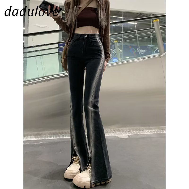 dadulove-new-korean-version-of-ins-high-waist-slit-jeans-womens-slim-fit-flared-pants-large-size-trousers