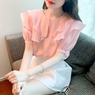 [Fashion Recommendation] เสื้อเชิ้ตแขนสั้น คอปก แต่งระบาย สองชั้น สไตล์เกาหลี แฟชั่นฤดูร้อน สําหรับผู้หญิง สีแดง
