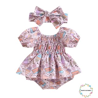 Babyclothes- ชุดรอมเปอร์ แขนสั้น พิมพ์ลายไอศกรีม พร้อมที่คาดผม แฟชั่นฤดูร้อน สําหรับเด็กผู้หญิง 2 ชิ้น