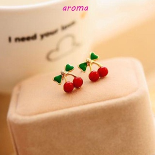 Aroma ต่างหูสตั๊ด รูปเชอร์รี่ ประดับโบว์ สีเขียว สําหรับผู้หญิง