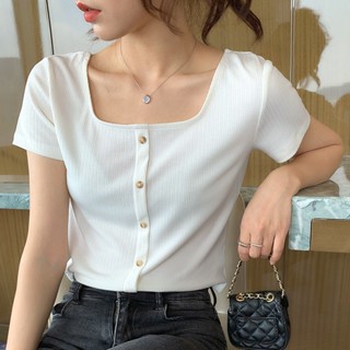[พร้อมส่ง] เสื้อยืด คอสี่เหลี่ยม แขนสั้น สไตล์วินเทจ แฟชั่นฤดูร้อน
