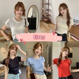 Elves✨พร้อมส่ง✨ เสื้อครอปสั้นไหมพรม แขนสั้นคอกลท ผ้ายืดใส่สบาย ~91036~ -C