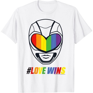 sadasเสื้อเชิ้ตแขนสั้น เสื้อยืดแขนสั้น ราคาส่ง Adult Power Rangers T-Shirt Rainbow Helmet and Text Love Wins T-Shirt