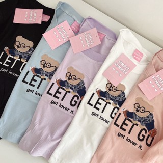 S194 เสื้อครอป ผ้าคอตตอน สไตล์มินิมอล ปัก หมีใส่แว่น LET GO