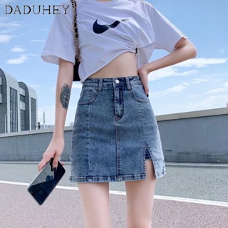 DaDuHey🎈 Plus Size Stretch Denim Skirt Skirt Womens Summer High Waist Anti-Exposure A- line Miniskirt and Divided Skirt Split Hip Skirt