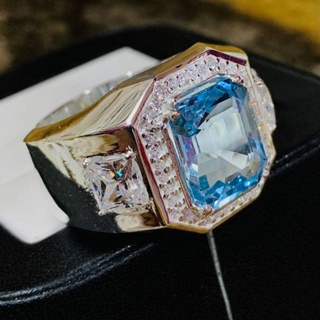 แหวนแต่งงานแฟชั่น เงิน S925 ประดับเพทาย เพชรไทเทเนียม สีฟ้า หรูหรา สําหรับผู้ชาย