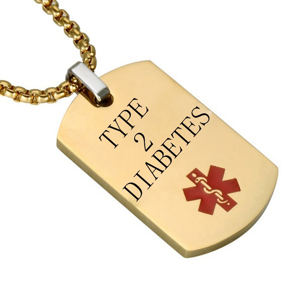 ประเภท 2 DIABETES Gold Dog Tag จี้ Medical Alert ID สร้อยคอสําหรับชาย ...