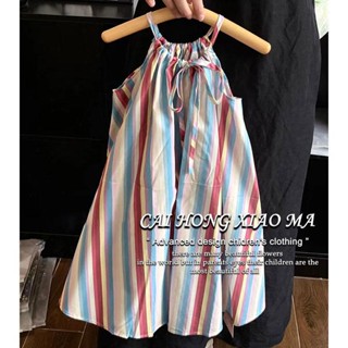 พร้อมส่ง ลดกระหน่ํา ชุดเดรสสายเดี่ยว ลายทาง สีรุ้ง สไตล์เกาหลี ญี่ปุ่น แฟชั่นฤดูร้อน สําหรับเด็กผู้หญิง 2023