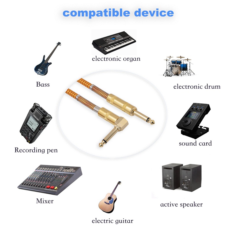 สายเคเบิลเครื่องดนตรีกีตาร์ไฟฟ้า-เบส-10-ฟุต-1-4-นิ้ว-มุมขวา-ชุบทอง-6-35-มม
