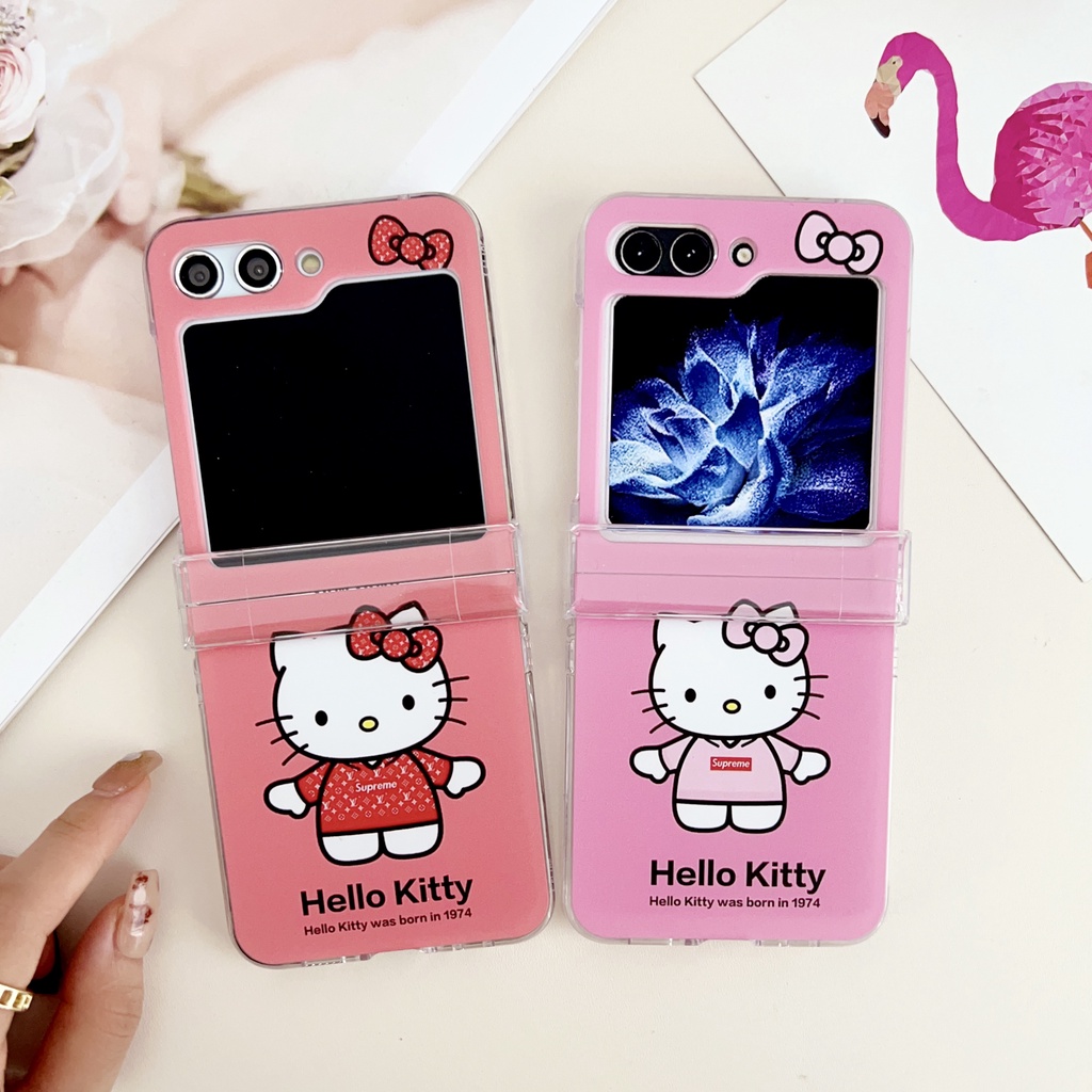 เคสโทรศัพท์มือถือแบบแข็ง-กันกระแทก-ลายการ์ตูนเฮลโลคิตตี้-พร้อมสายโซ่คล้อง-สําหรับ-samsung-galaxy-z-flip5-5g-3in1-z-flip-3-flip-4