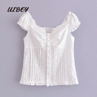 Uibey เสื้อเชิ้ตแขนพัฟ ปักลาย แฟชั่น 6572