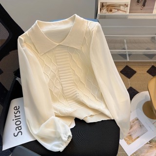 20574 ฤดูใบไม้ร่วง สไตล์ใหม่ ปลอม สองชิ้น ปกเสื้อสวมหัว ผู้หญิง เย็บ ชีฟอง แขนยาว ด้านบน เสื้อบอททอม MC ผู้หญิง FZST