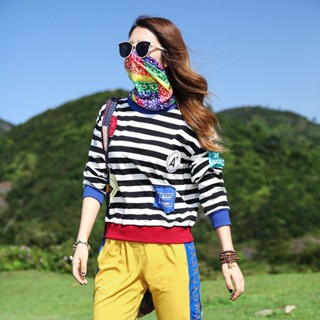 เสื้อยืดแขนยาว คอกลม ผ้าฝ้ายแท้ ทรงหลวม ลายทาง เหมาะกับใส่เล่นกีฬากลางแจ้ง สําหรับผู้หญิง