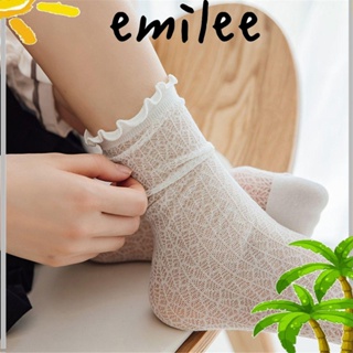 Emilee ถุงเท้าคอสเพลย์ ลูกไม้ โบว์ ยืดหยุ่น สีดํา สีขาว