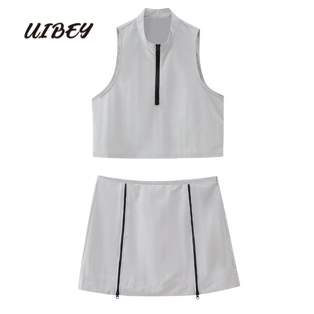 uibey-เสื้อแขนกุด-คอตั้ง-มีซิป-กระโปรงยาวครึ่งหนึ่ง-3836