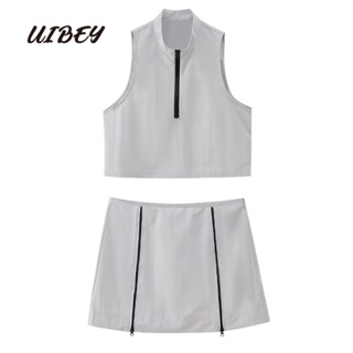 Uibey เสื้อแขนกุด คอตั้ง มีซิป + กระโปรงยาวครึ่งหนึ่ง 3836