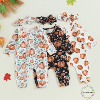 Babyclothes- ชุดจั๊มสูท แขนยาว พิมพ์ลายฟักทอง ดอกไม้ พร้อมที่คาดผม ฮาโลวีน สําหรับเด็กผู้หญิง