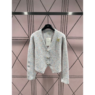 8phi CEL 23 autumn and winter New V-neck tweed knitted cardigan colored beads colored yarn woven soft tweed letter logo