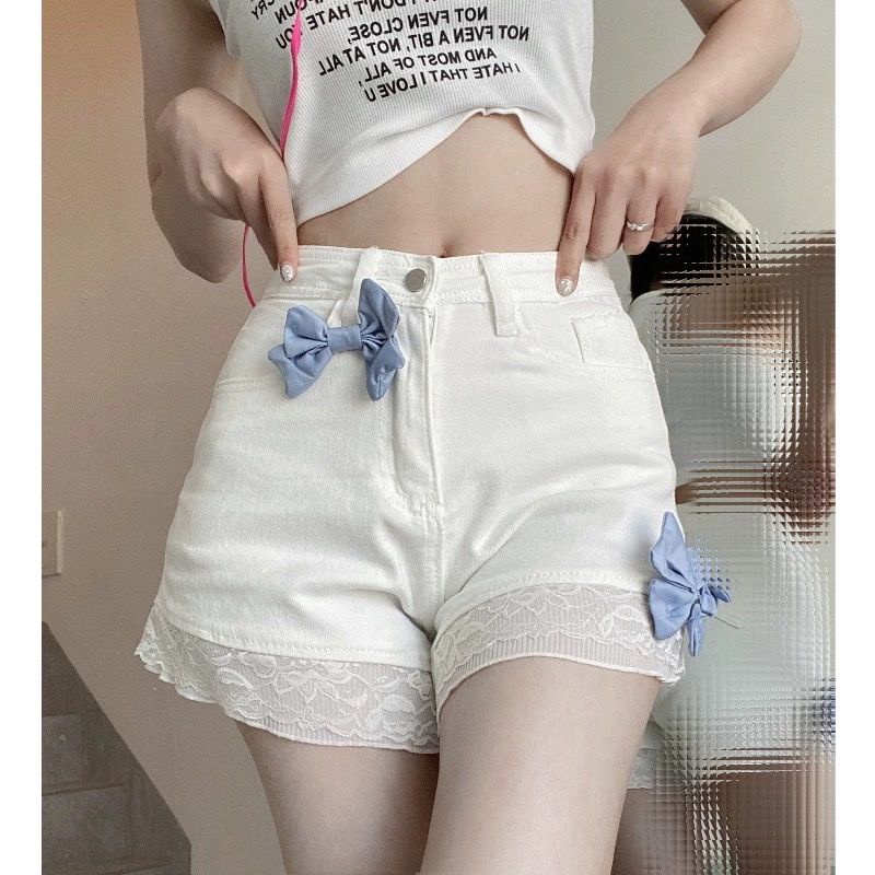 สาวหวานน่ารัก-กางเกงลูกไม้-ประดับโบว์-กางเกงยีนขาสั้น-กางเกงเอวสูง-เข้ารูป-เซ็กซี่-สําหรับผู้หญิง