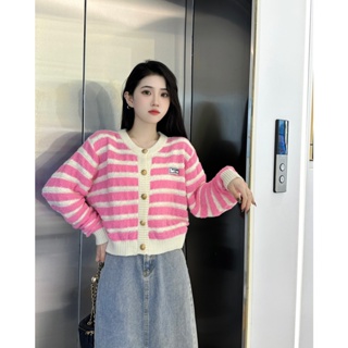 FTBP BALM trendy N 2023 spring and summer new pink striped two-color letter leather label long sleeve knitted cardigan womens fashion all-match sweet style