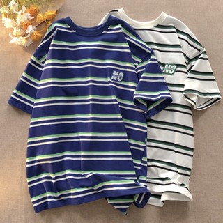 เสื้อยืดลําลอง คอกลม แขนสั้น ลายทาง ทรงหลวม แฟชั่นฤดูร้อน สไตล์เรโทร สําหรับสตรี คู่รัก