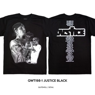 📦พร้อมส่ง ผ้าฝ้ายบริสุทธิ์ QWT198-1 JUSTICE BOOTLEG เสื้อยืดสีดำ T-shirt