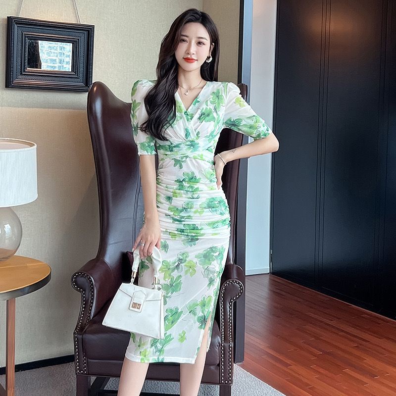 ชุดเดรสยาว-คอวี-ผ้าตาข่าย-ลายดอกไม้-สีเขียว-แฟชั่นฤดูร้อน-สําหรับผู้หญิง-22-ปี