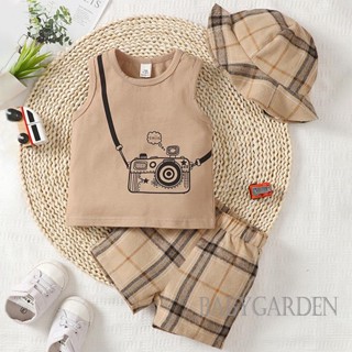 Babygarden-6 เดือน -3 ปี เด็กผู้ชาย ชุดเสื้อผ้า 3 ชิ้น เสื้อกล้าม พิมพ์ลายกล้อง พร้อมกางเกงขาสั้น เอวยางยืด ลายสก๊อต และหมวก ชุดฤดูร้อน